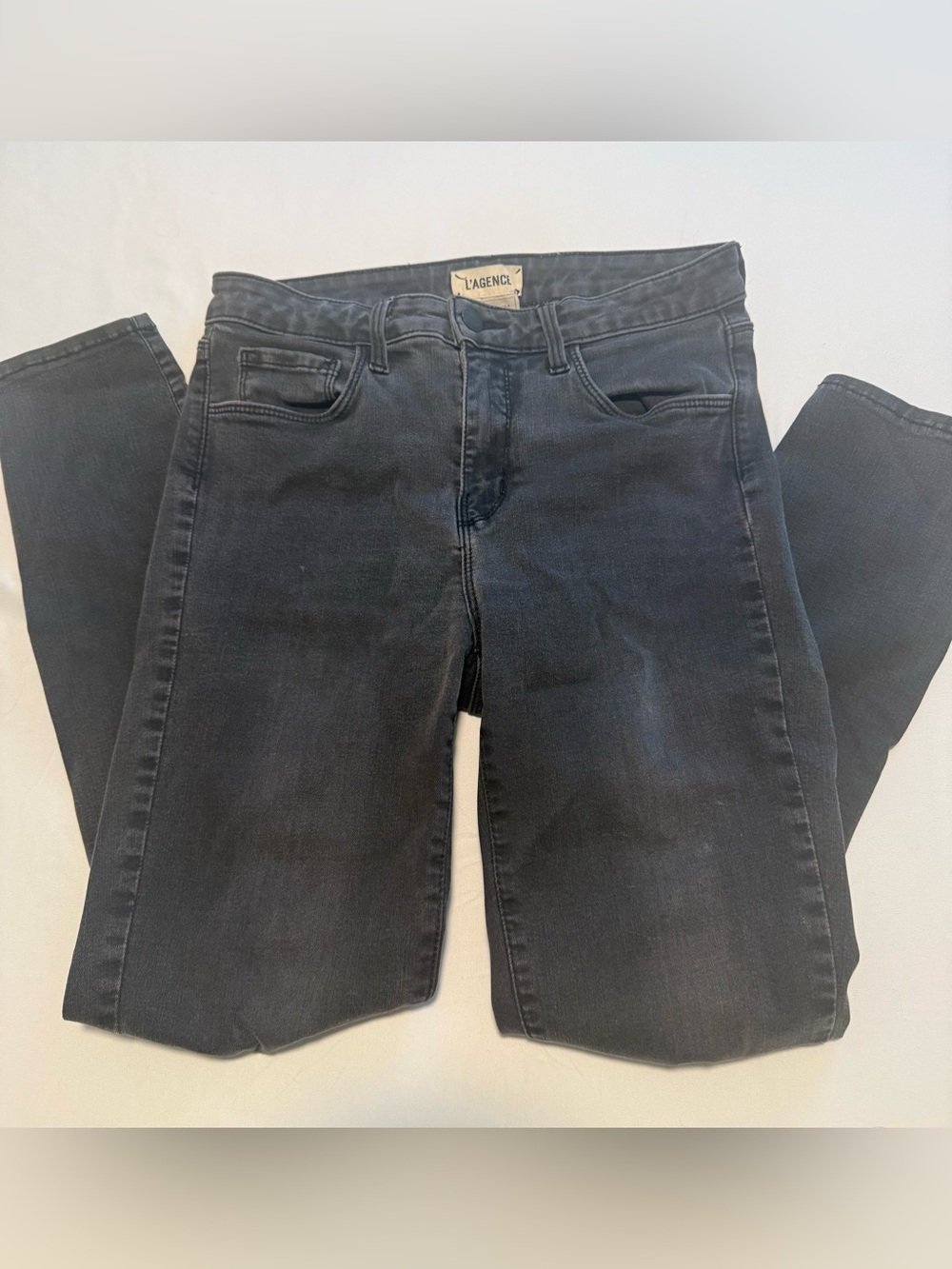 L'AGENCE Margot High Rise Skinny Jeans in Dark Graphite Destruct - Size 26
